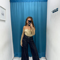 Jeans a palazzo con rifiniture beige 082