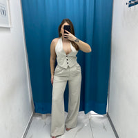 Pantalone vita alta full length panna