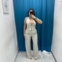 Pantalone vita alta full length panna