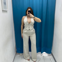 Pantalone vita alta full length panna