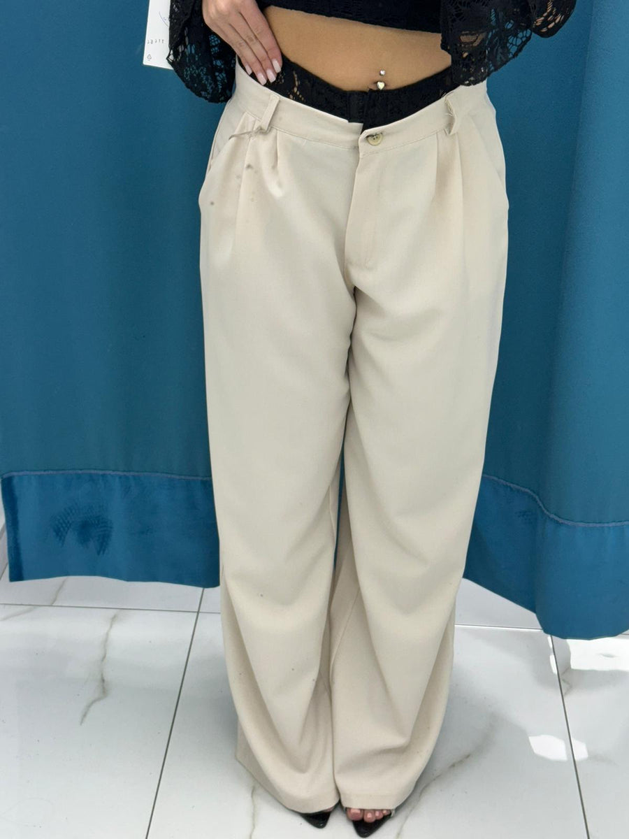 Pantalone wide leg con ricami beige 13093