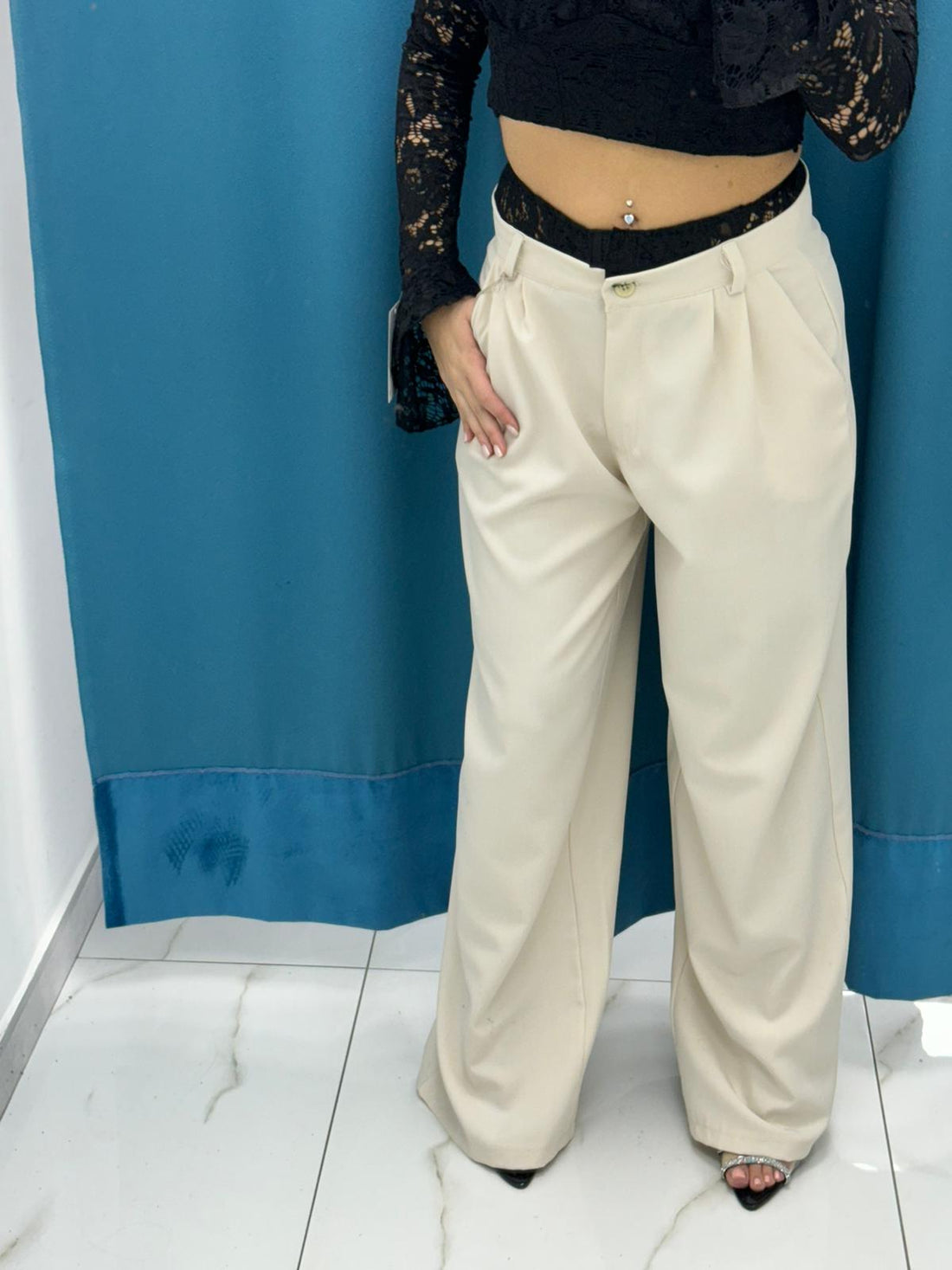 Pantalone wide leg con ricami beige 13093
