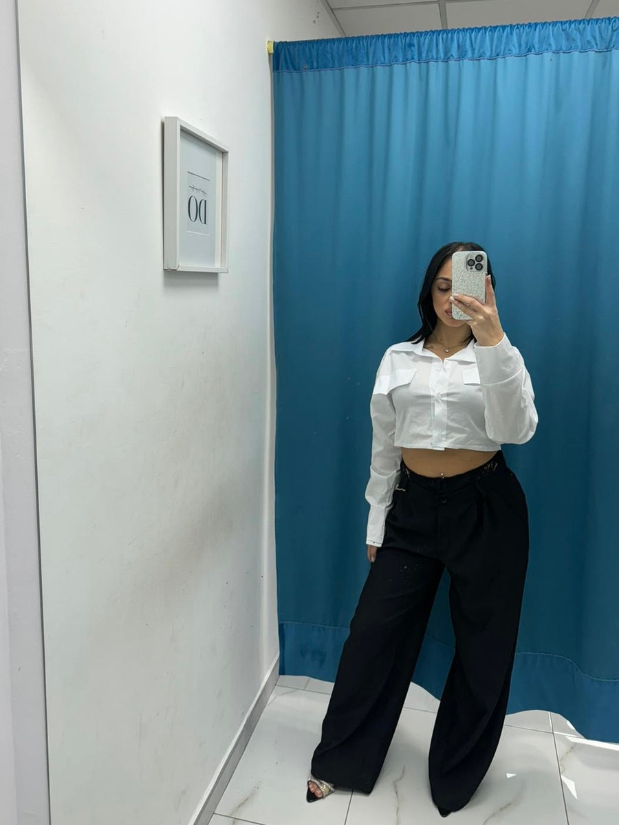 Pantalone wide leg con ricami 13093 nero
