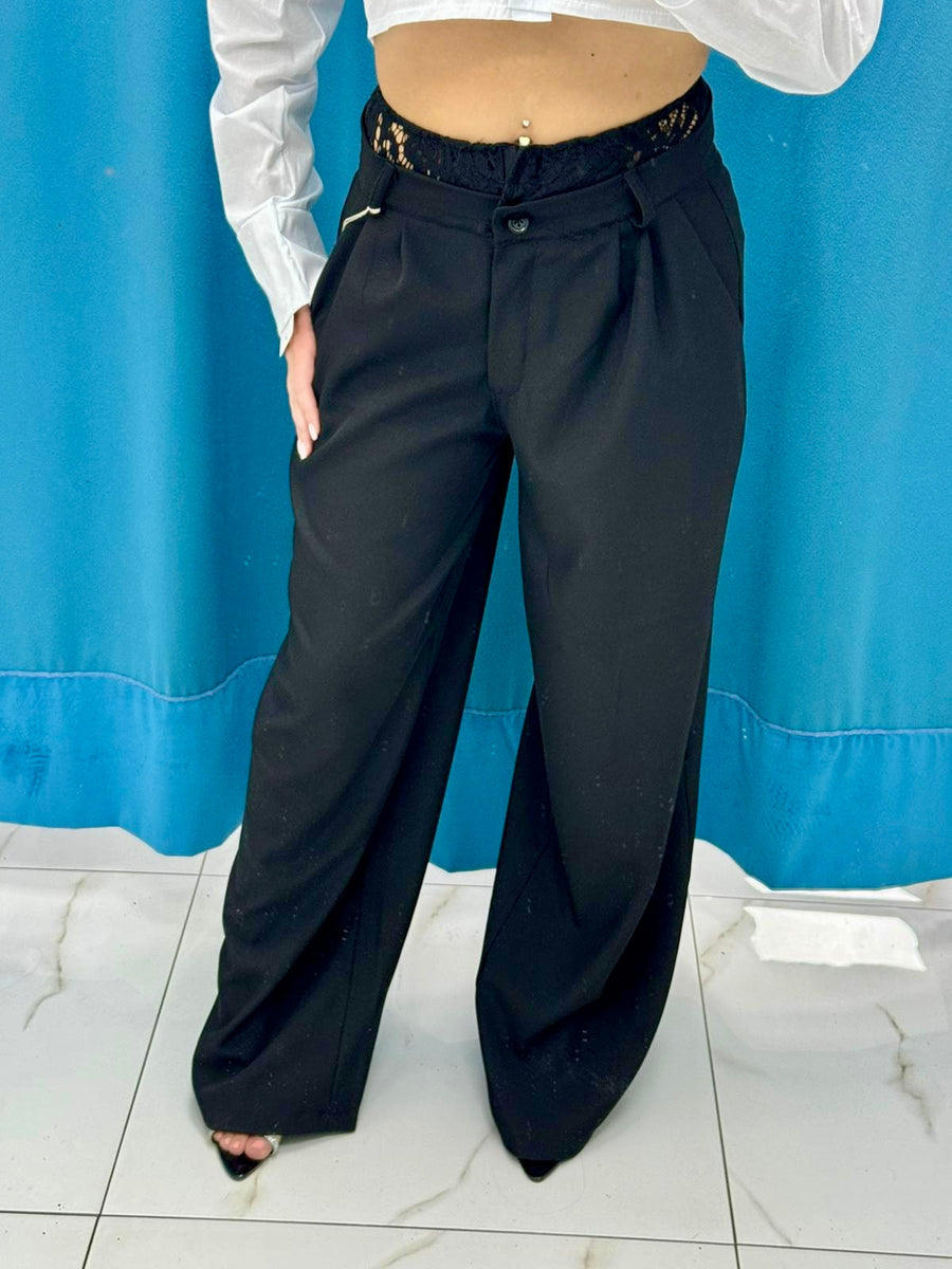 Pantalone wide leg con ricami 13093 nero