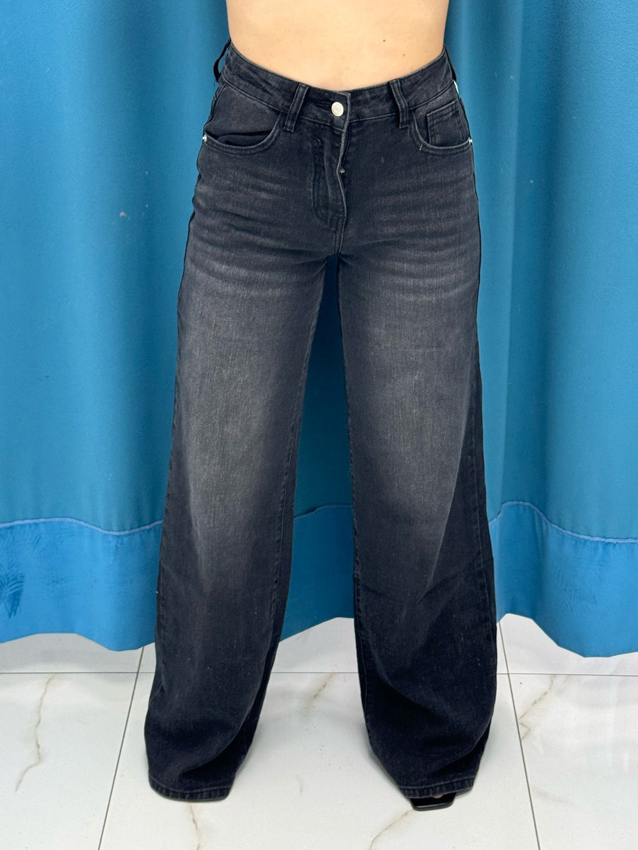 Jeans wide leg nero slavato 762