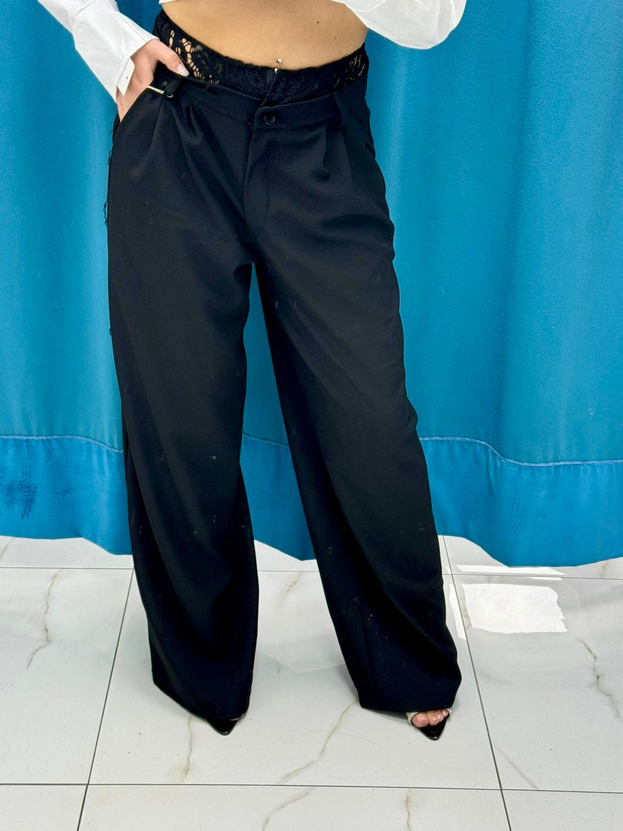 Pantalone wide leg con ricami 13093 nero