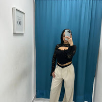 Pantalone wide leg con ricami beige 13093
