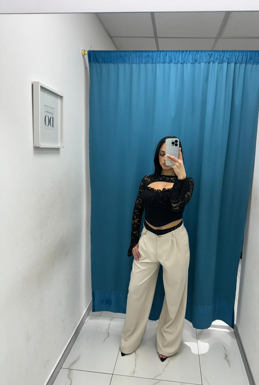 Pantalone wide leg con ricami beige 13093