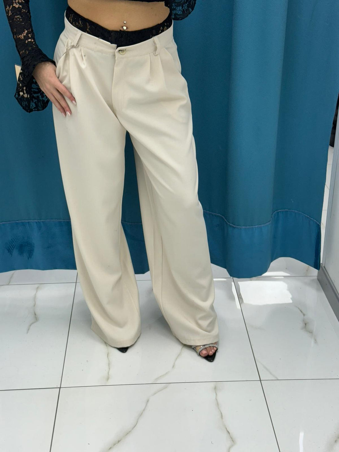 Pantalone wide leg con ricami beige 13093