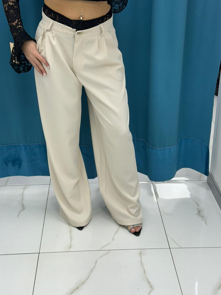 Pantalone wide leg con ricami beige 13093