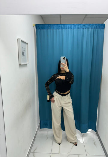 Pantalone wide leg con ricami beige 13093