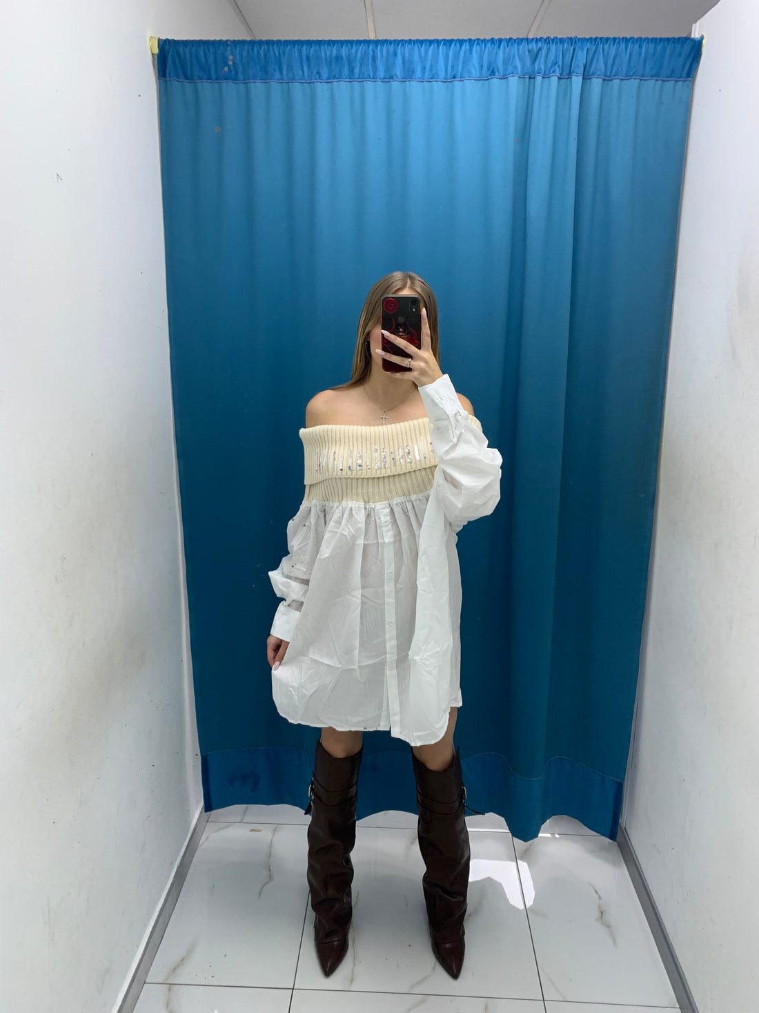 Vestito corto a spalle nude con camicia-YT30099