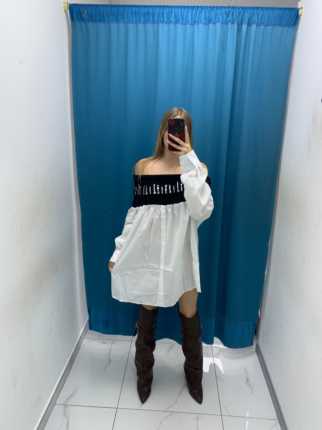 Vestito corto a spalle nude con camicia-YT30099