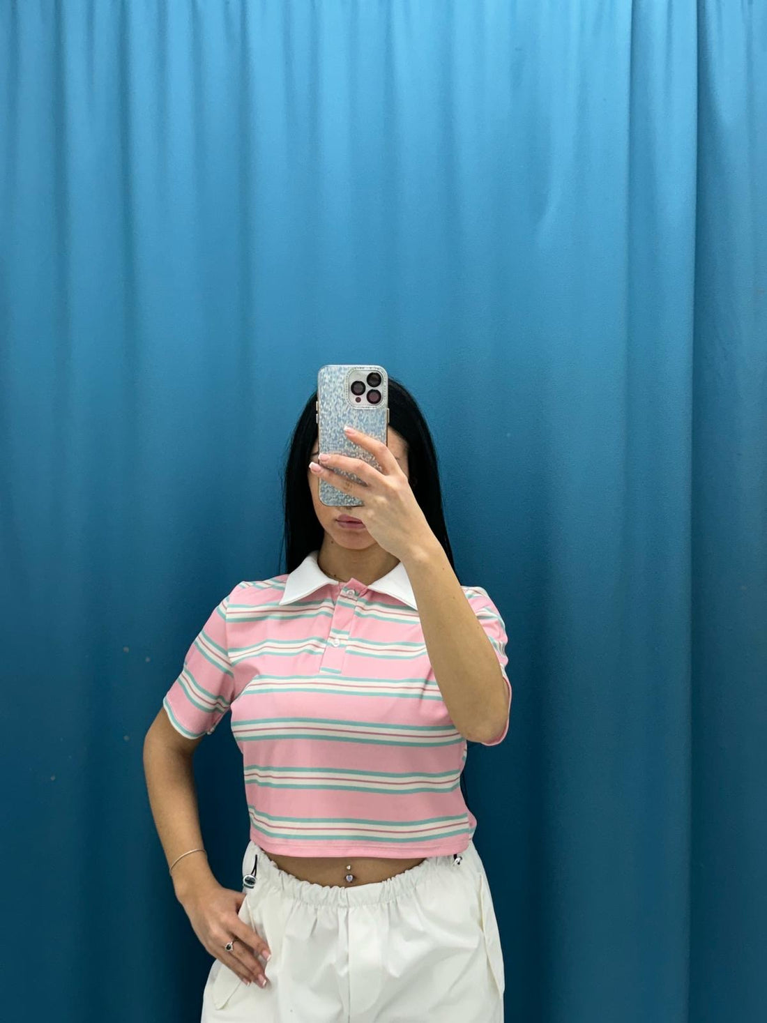 Polo crop a righe 6607
